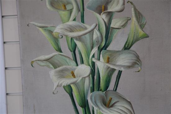 Vladimir Tretchikoff (Russian, 1913-2006) Still life of Arum Lilies in a blue vase 48 x 23in., unframed